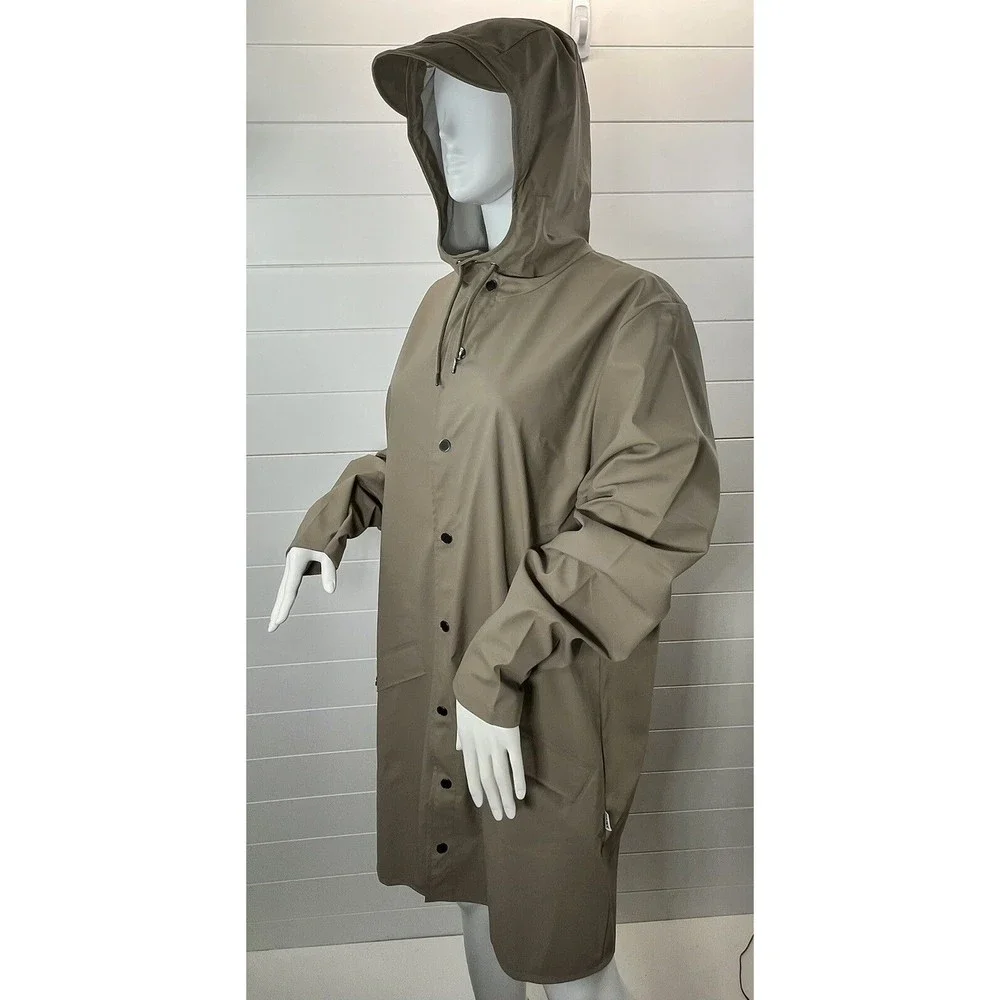 RAINS Brand Unisex Sz Large Classic Taupe Long Waterproof Rain Jacket Snap Front - Picture 7 of 15